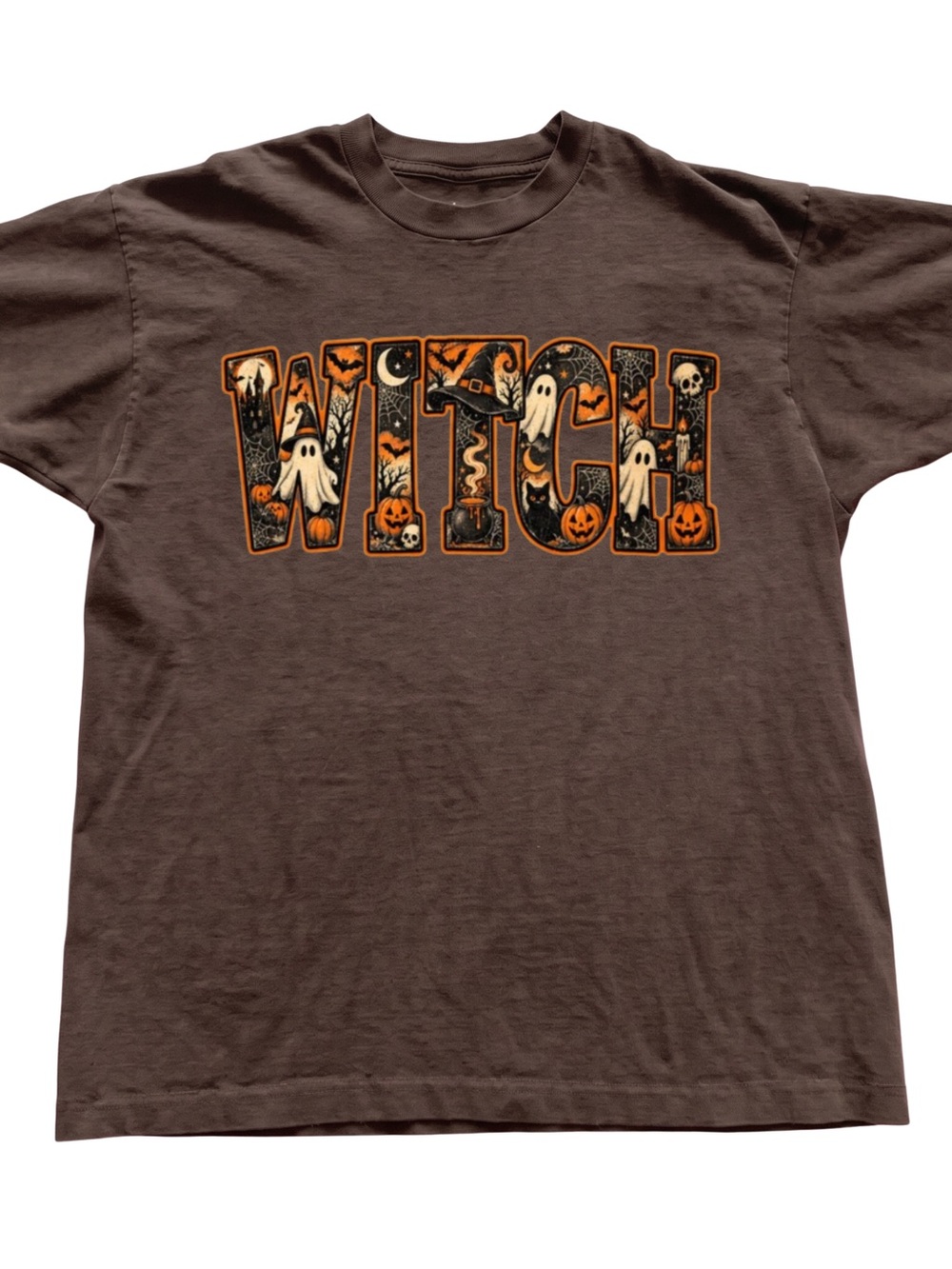 Gildan Brown Halloween 'WITCH' Graphic Tee with Orange & Black Print